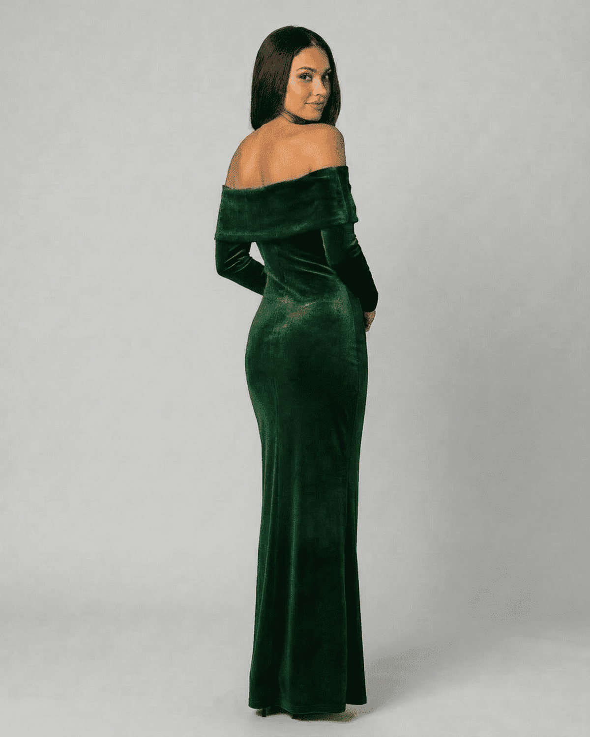 Emeralda Maxi Dress by Lauven - Off-Shoulder Velvet Silhouette with Long Sleeves in rich green.
