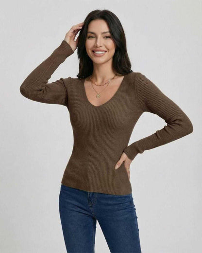 Espresso Pullover - Women’s V-Neck Pullover Sweater by Lauven, Slim Fit and Long Sleeve, Ideal for Casual and Workwear