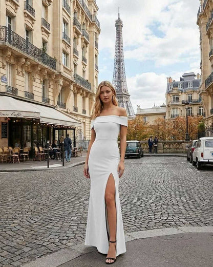 Étoile Maxi Dress by Lauven, off shoulder white maxi dress with elegant side slit in Paris.