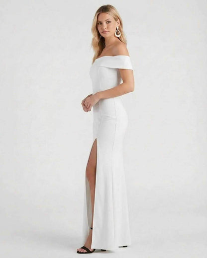Étoile Maxi Dress by Lauven - Elegant off-shoulder white maxi dress with side slit and modern silhouette.
