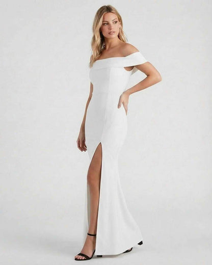 Étoile Maxi Dress by Lauven - Off shoulder white crepe maxi dress with elegant side slit, perfect for formal occasions.
