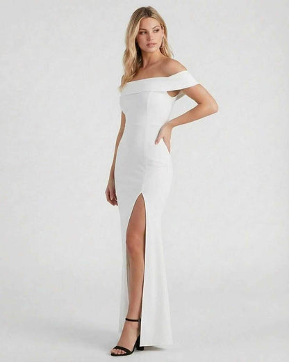 Étoile Maxi Dress by Lauven - Off shoulder white crepe maxi dress with elegant side slit