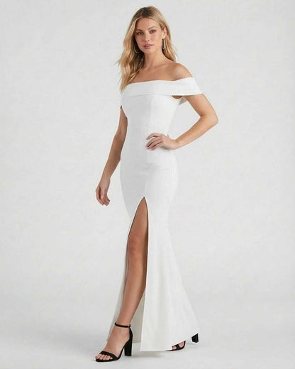 Étoile Maxi Dress by Lauven - Off shoulder white crepe maxi dress featuring elegant side slit and modern silhouette.