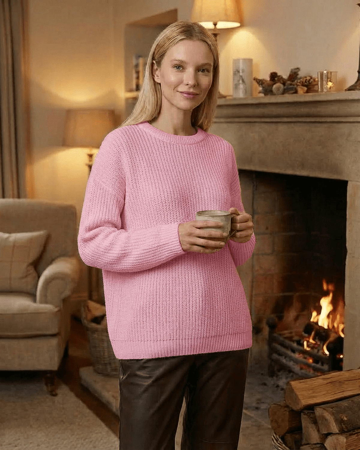 Fiora Sweater by Lauven, cozy loose fit thick ribbed knitwear in pink, perfect for fall and winter.