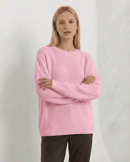 Fiora Sweater by Lauven, loose fit thick ribbed knitwear in soft pink, perfect for cozy fall and winter outfits.