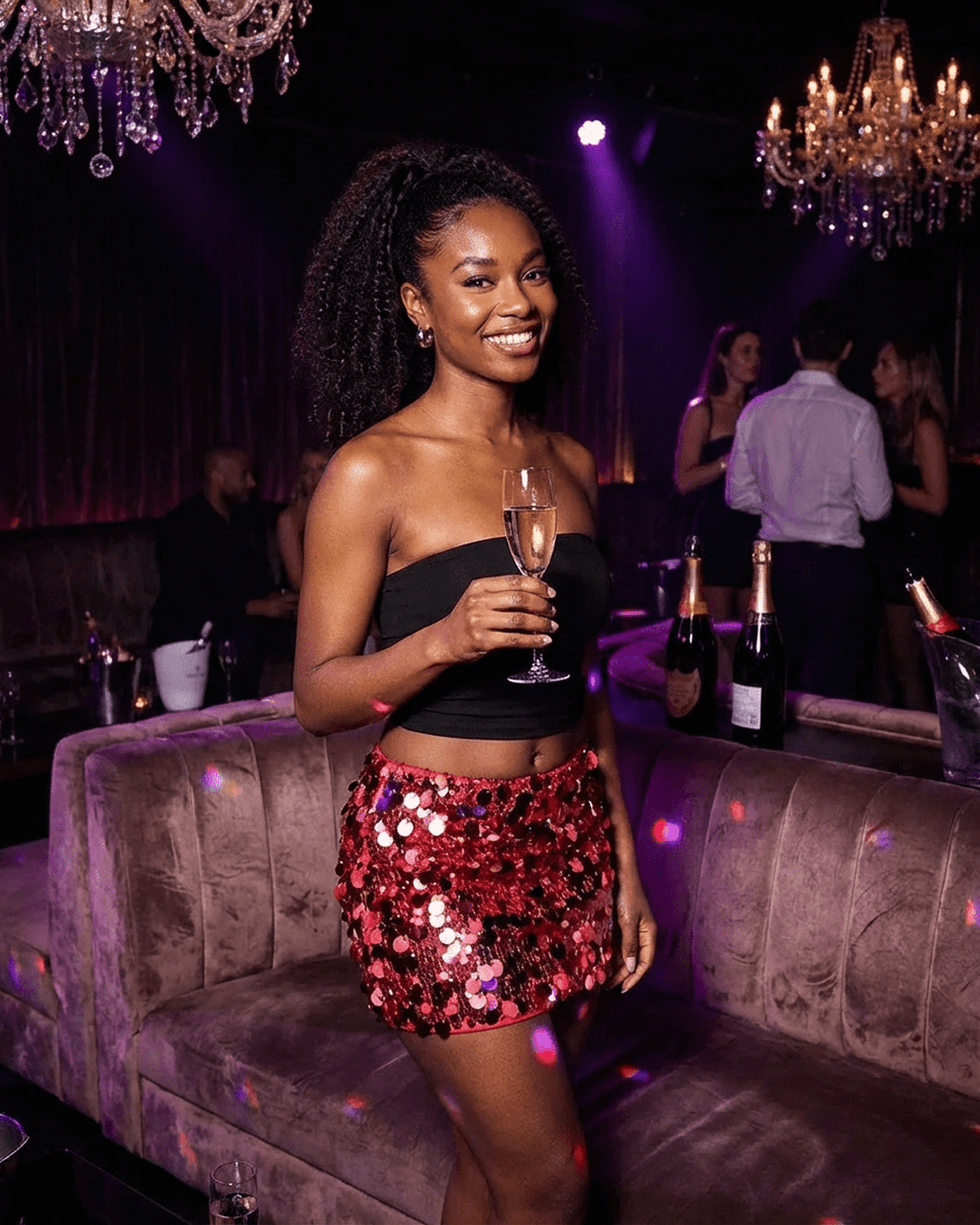 Flamenco Mini Skirt by Lauven, red sequin A-line bodycon mini skirt showcased at a vibrant party setting.