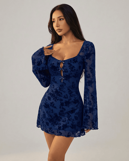 Fleur Mini Blue dress by Lauven, featuring floral flocking, cutouts, and long flared sleeves, ideal for a stylish outfit.