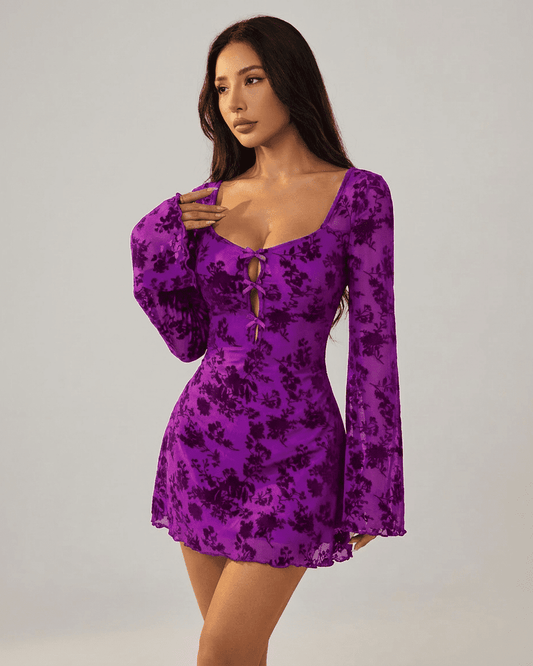 Fleur Mini Violet by Lauven - vibrant purple floral mini dress with long flared sleeves and elegant bows.