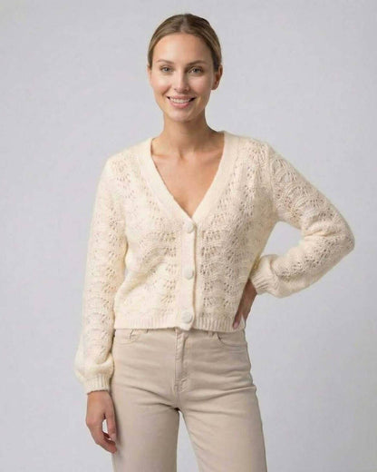 Florence Cardigan by Lauven – Women’s lightweight beige sweater with V-neck and intricate detailing.