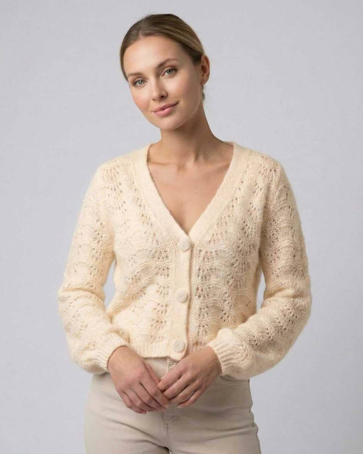 Florence Cardigan by Lauven - Women’s beige cardigan sweater with V-neck and lightweight knit detailing.