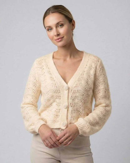 Florence Cardigan by Lauven - Women’s beige cardigan sweater with V-neck and lightweight knit detailing.