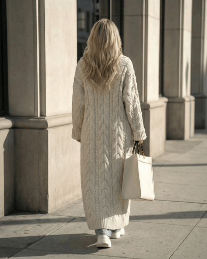 Florence Cardigan by Lauven, elegant long cable-knit wool blend layer, perfect for fall and winter styling.