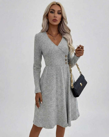 Florence Midi Dress by Lauven - Women's grey midi dress with long sleeves and V-neck, featuring a flattering A-line silhouette.