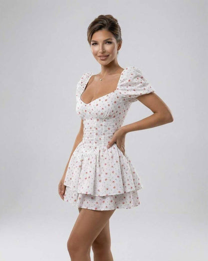 Florence Mini Dress by Lauven featuring a floral print and puff sleeves, perfect for a romantic summer look.