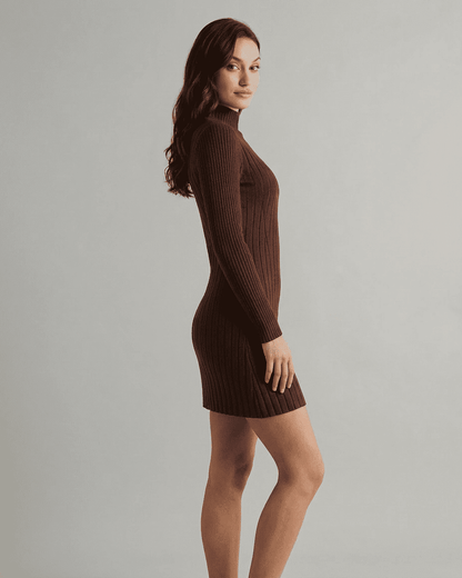 Florence Mini Dress by Lauven, brown ribbed knit, mock neck, long sleeve, A-line silhouette.