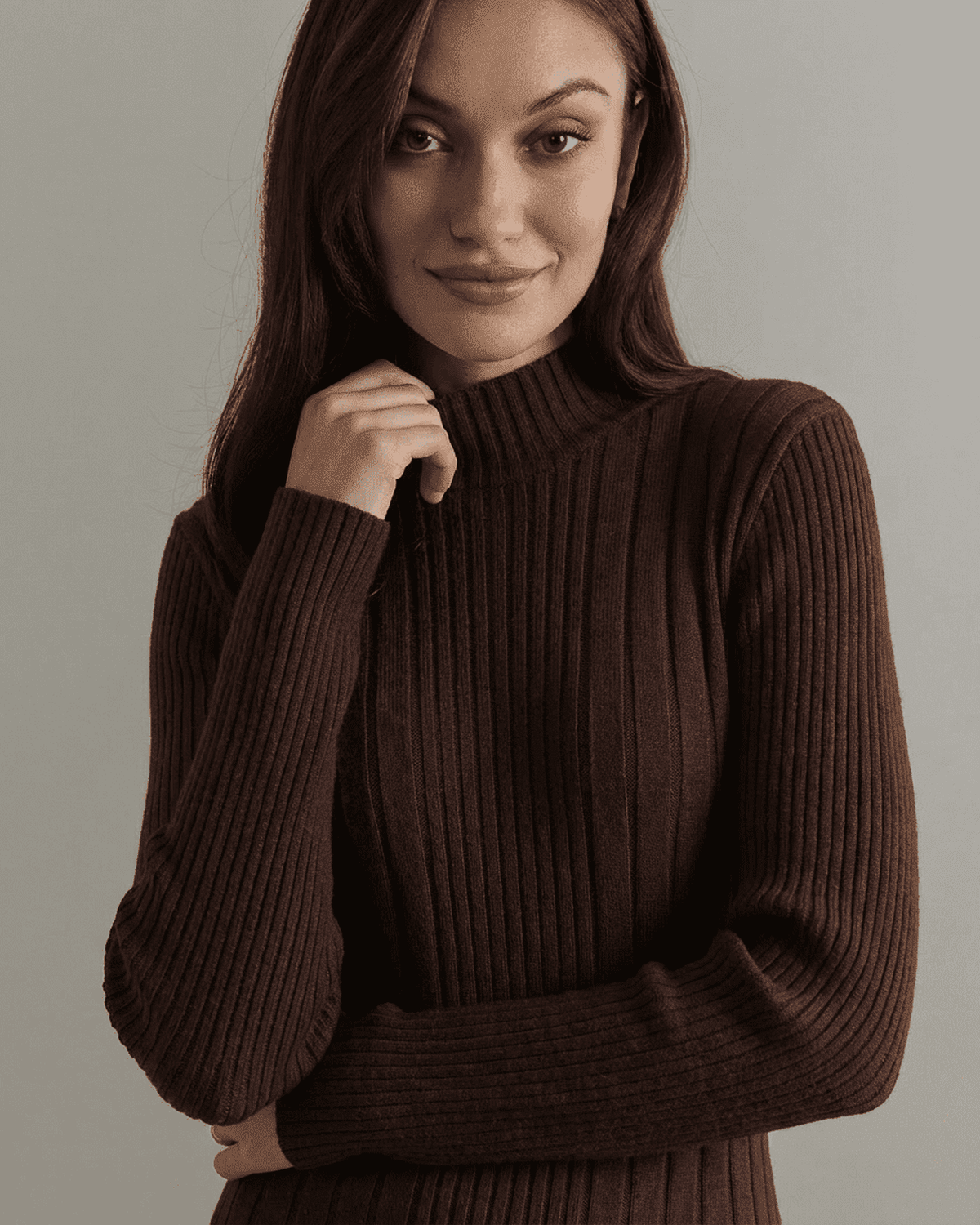 Florence Mini Dress by Lauven, showing the ribbed knit mock neck and long sleeves in a stylish close-up.