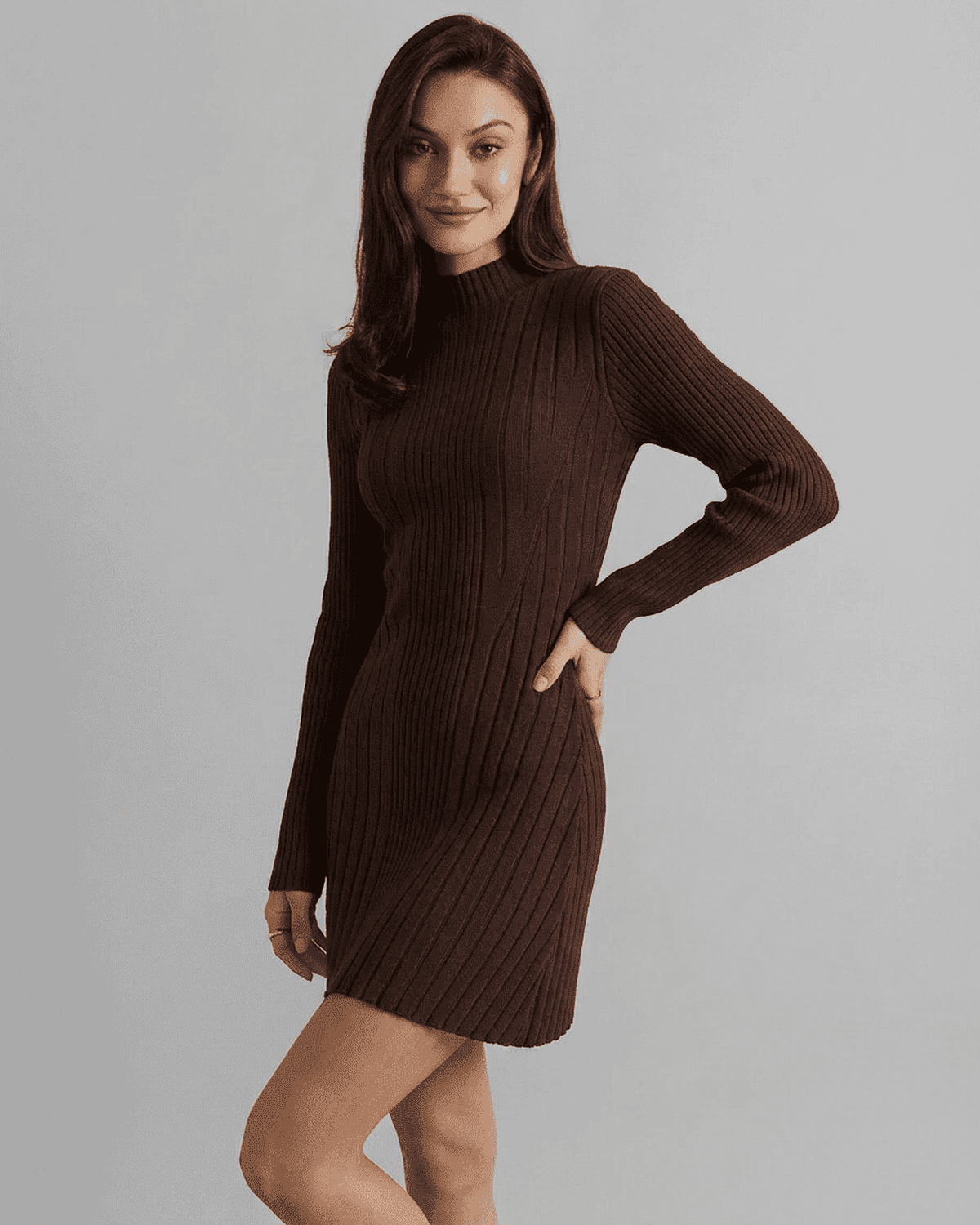 Florence Mini Dress by Lauven in ribbed knit with mock neck and long sleeves, showcasing modern A-line silhouette.