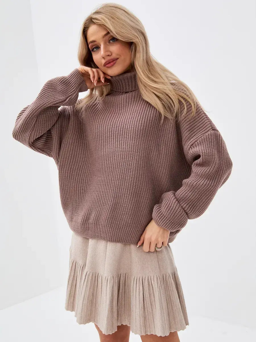 Florence Sweater by Lauven, oversized knit turtleneck in warm coffee hue, perfect for transitional weather.