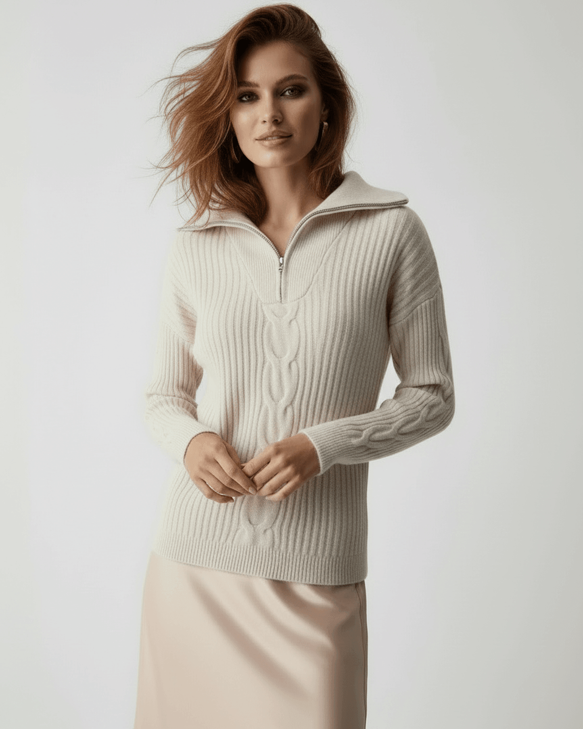 Florence Sweater by Lauven, women's beige zip neck knit sweater with ribbed texture and modern elegance.