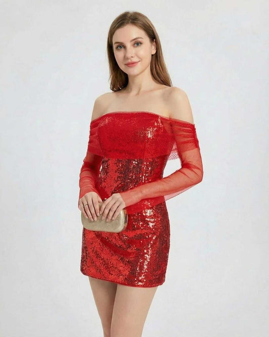 Garnet Mini Dress by Lauven, featuring off-the-shoulder neckline and sequin detailing, perfect for special occasions.