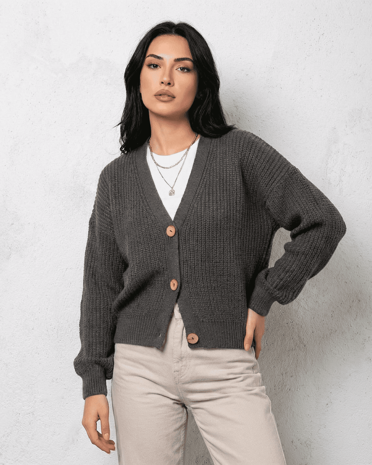 Graphite Cardigan by Lauven, featuring a relaxed V-neck design and cozy charcoal knitwear for stylish layering.