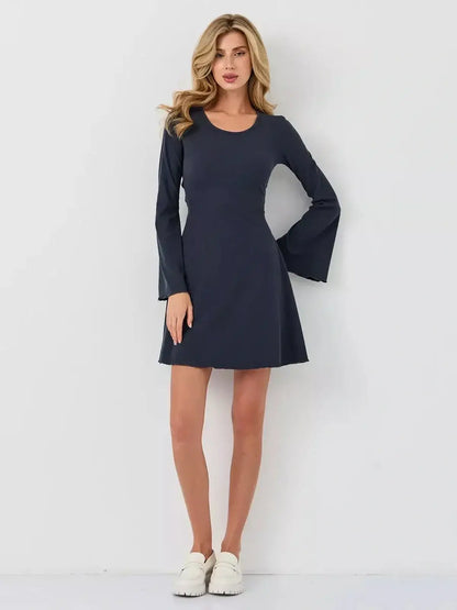 Graphite Grace mini dress by Lauven featuring a sleek A-line silhouette and bell sleeves for elegant style.