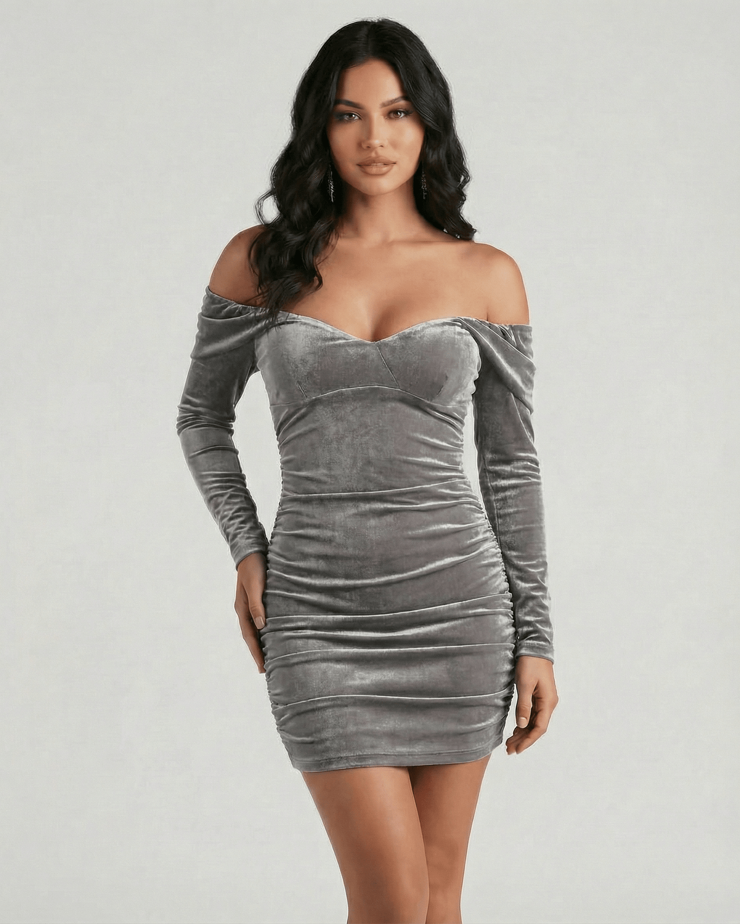 Milano Mini Dress by Lauven – Gray velvet off shoulder mini dress with long sleeves and sweetheart neckline.