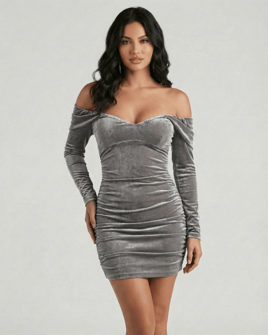 Milano Mini Dress by Lauven – Gray velvet off shoulder mini dress with long sleeves and sweetheart neckline.