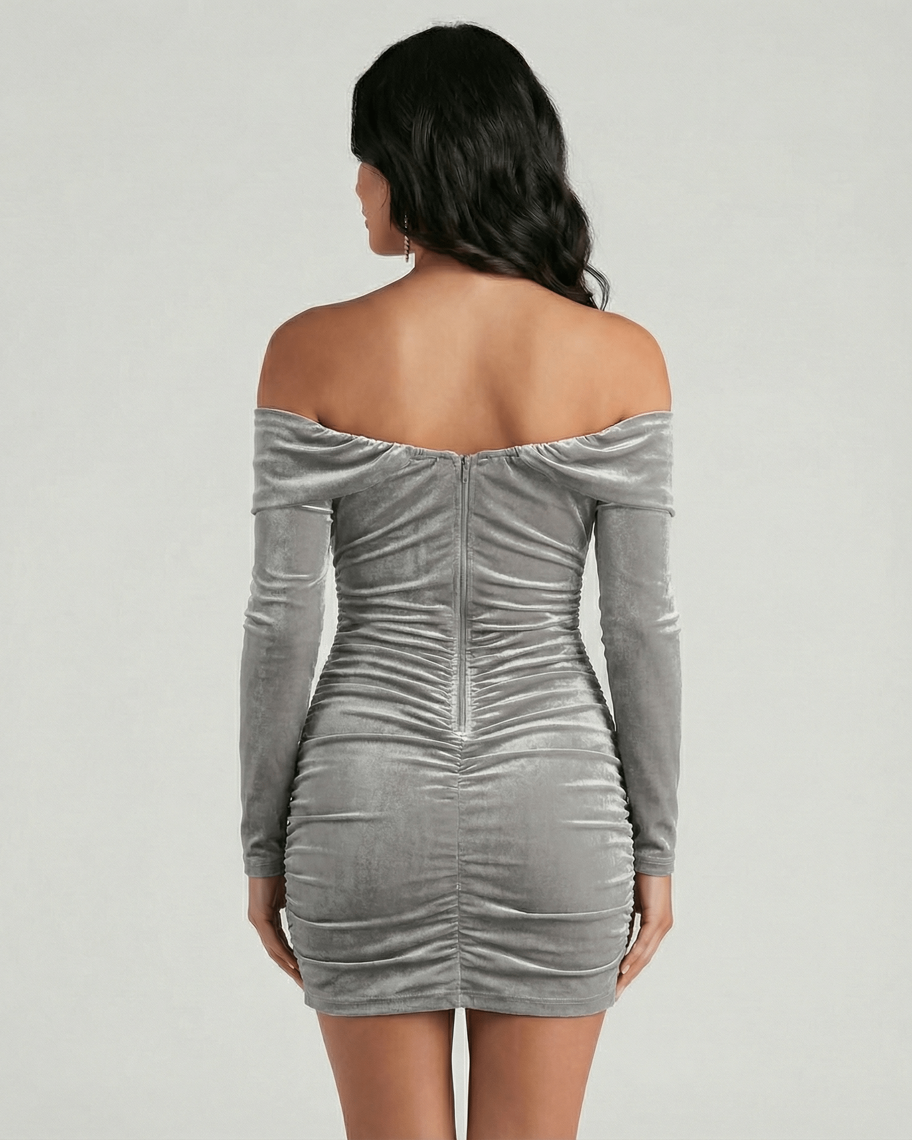 Back view of the Milano Mini Dress by Lauven, gray velvet off shoulder mini dress with long sleeves.