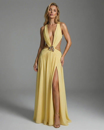Heliora Maxi Dress by Lauven, yellow maxi dress with plunging V-Neck and metal embellishment detail.