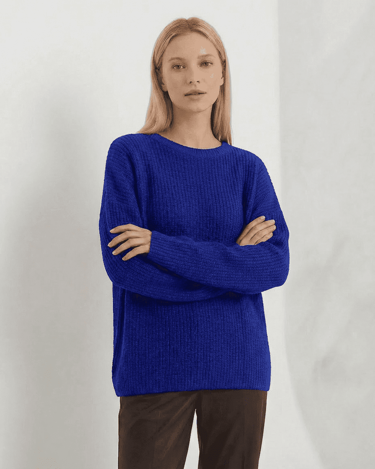 Indira Sweater by Lauven - Loose fit thick ribbed knitwear in vivid blue with round neck and long sleeves.