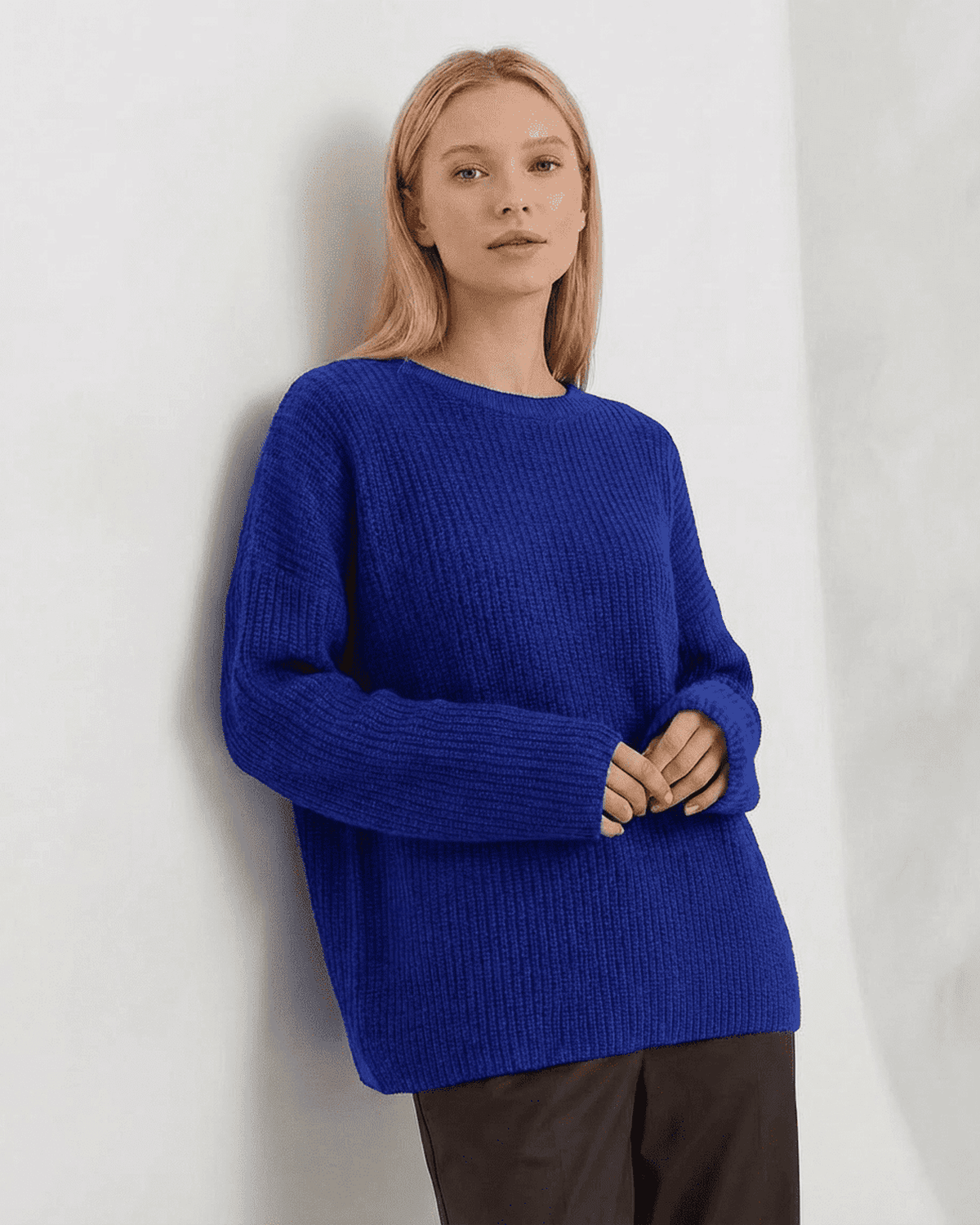 Indira Sweater by Lauven, a loose fit thick ribbed knit in vivid blue, perfect for stylish winter wear.