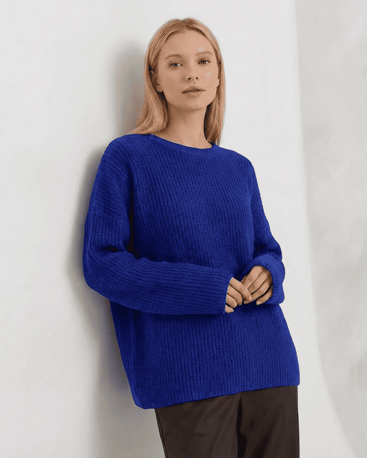 Indira Sweater by Lauven, a loose fit thick ribbed knit in vivid blue, perfect for stylish winter wear.