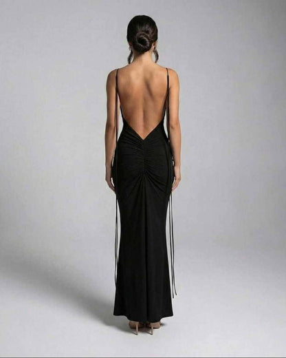 Isla Maxi Dress by Lauven, sleek black sleeveless dress featuring spaghetti straps and a low back design.