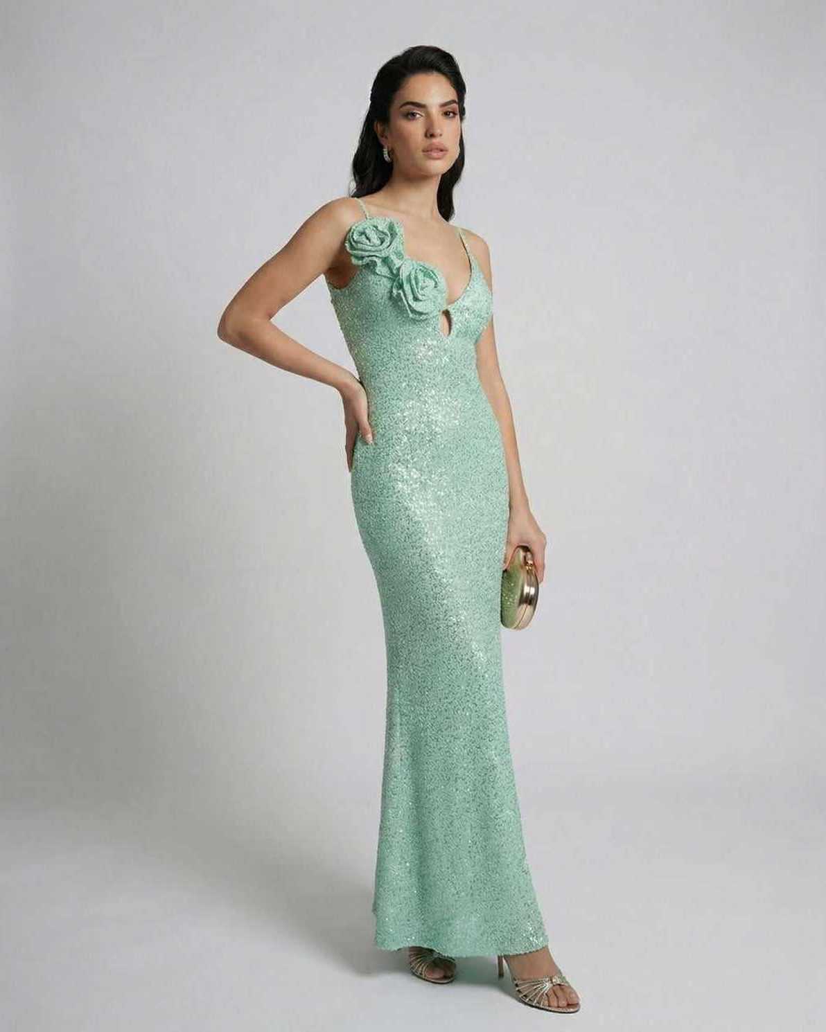 Isla Maxi Dress by Lauven in mint green sequin with floral detail, perfect for spring and summer events.