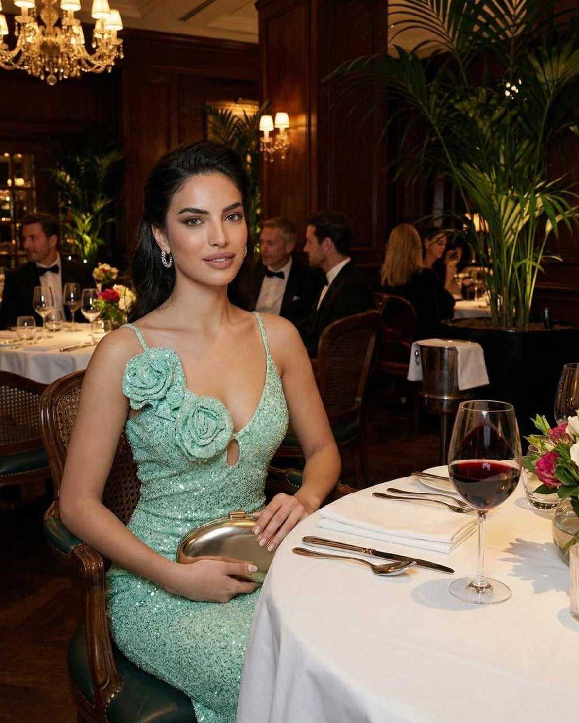 Isla Maxi Dress by Lauven worn by a woman in mint green sequins at an elegant restaurant setting.