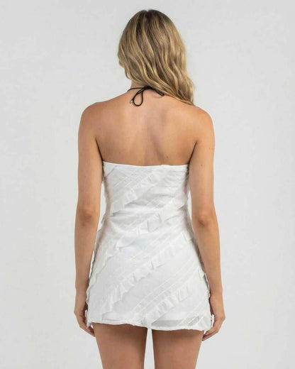 Isla Mini Dress by Lauven, elegant strapless sheath dress with delicate ruffle details, back view.