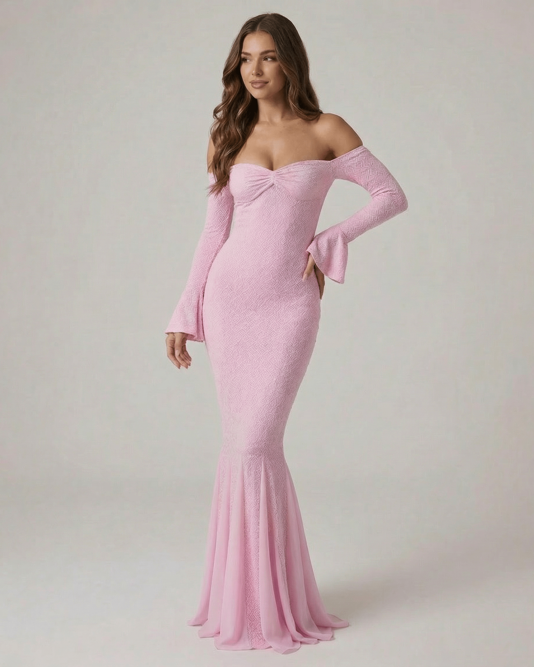 Isolde Maxi Dress by Lauven – Off-the-shoulder lace mermaid maxi dress with long sleeves in soft pink.