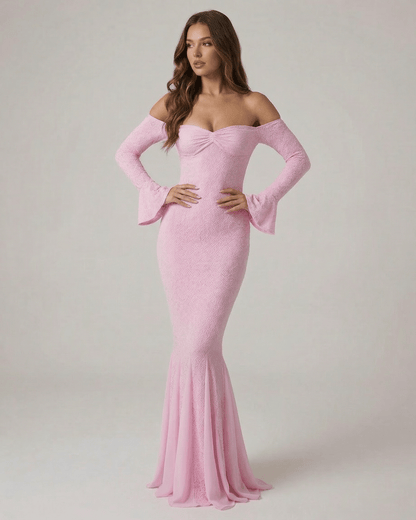 Isolde Maxi Dress by Lauven - Off-the-shoulder lace mermaid dress in pink with long sleeves and a sculpted silhouette.