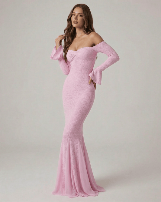 Isolde Maxi Dress by Lauven - Off-the-shoulder lace mermaid dress with long sleeves in pink.