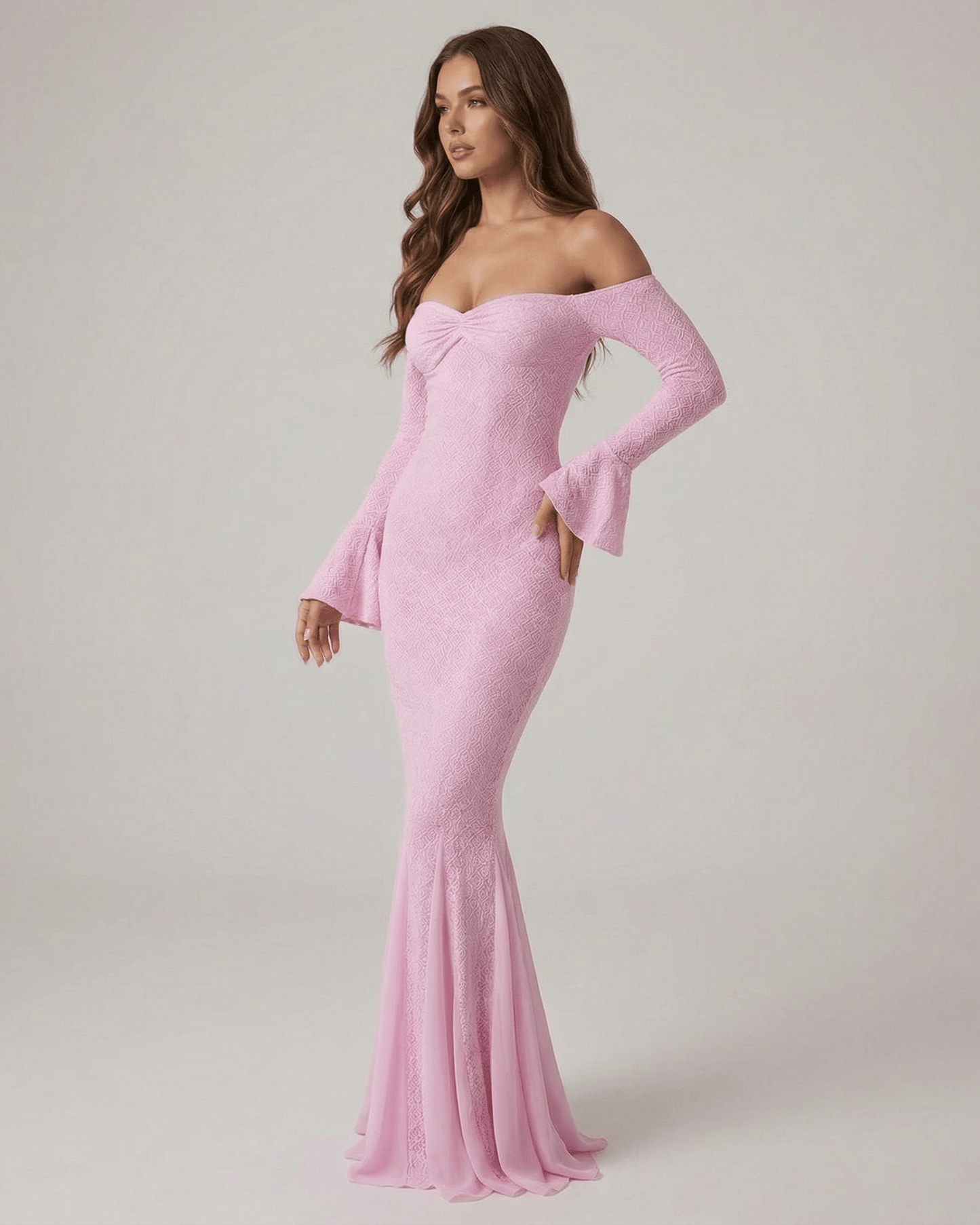 Isolde Maxi Dress by Lauven - Off-the-shoulder lace mermaid maxi dress in pink with long sleeves.