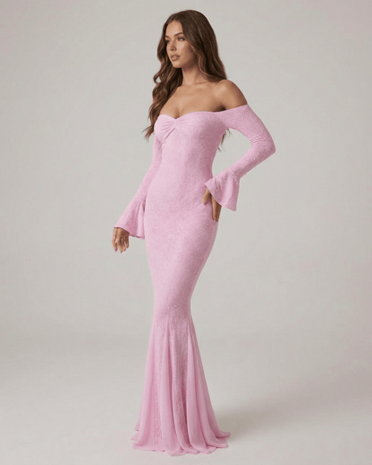 Isolde Maxi Dress by Lauven - Off-the-shoulder lace mermaid maxi dress in pink with long sleeves.