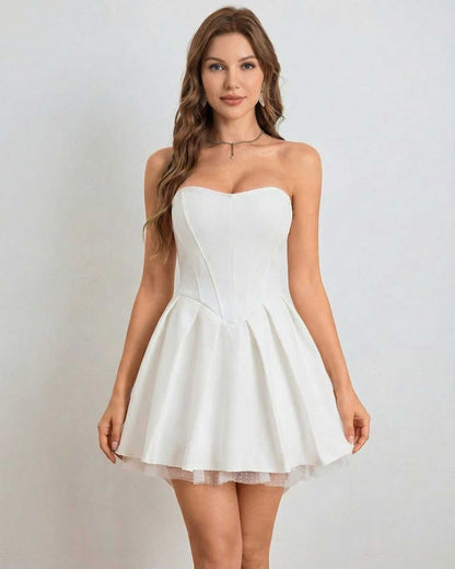 Ivoria Mini Dress by Lauven - Strapless high-waist mini dress with soft volume in white.