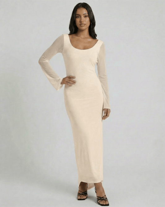 Ivory Maxi Dress by Lauven, featuring long sheer sleeves and a flattering sheath silhouette.