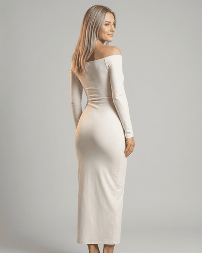 Ivory Maxi Dress by Lauven, featuring an off-shoulder slash neck and long sleeves, styled elegantly from the back.