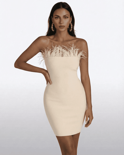 Ivory Mini Dress by Lauven - Strapless bodycon dress with feather trim, perfect for elegant occasions.
