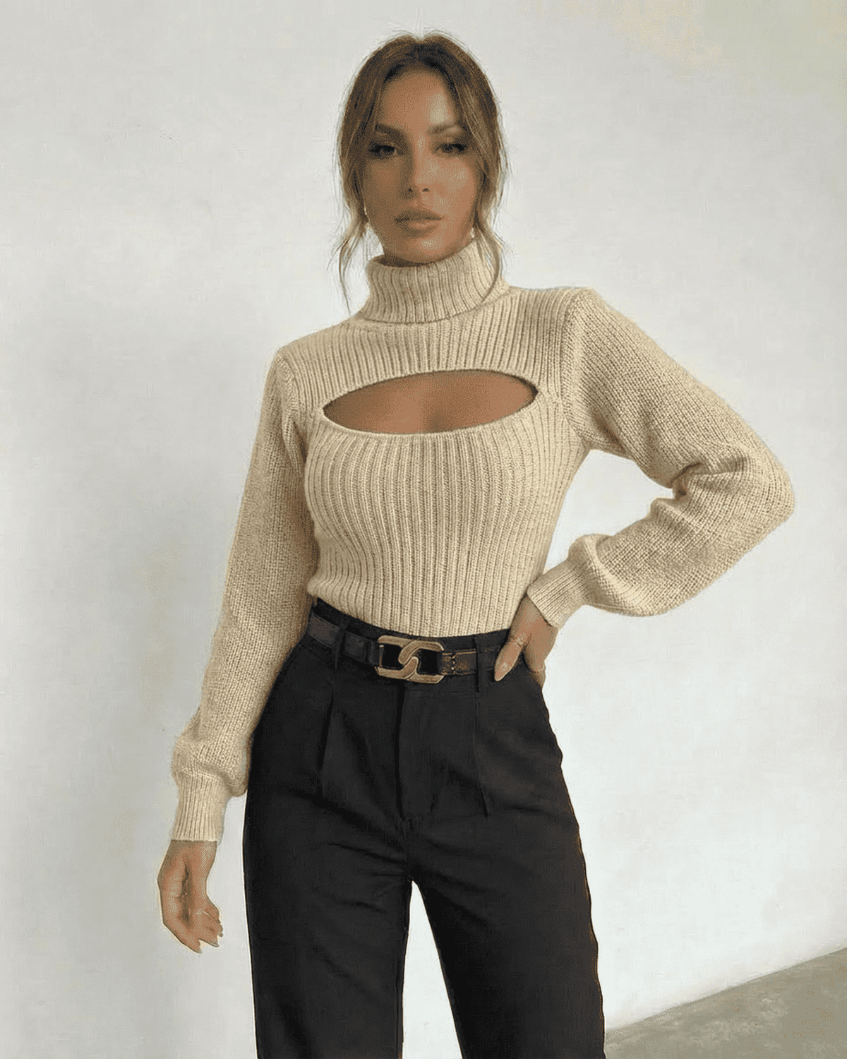 Ivory Sweater by Lauven featuring a mock neck and cut out detail in ribbed knit, perfect for fall and winter.