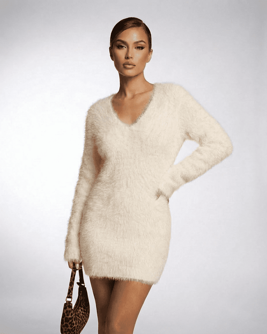 Ivory Sweater by Lauven featuring a V-neck fuzzy plush knit design for women's fall and winter fashion.