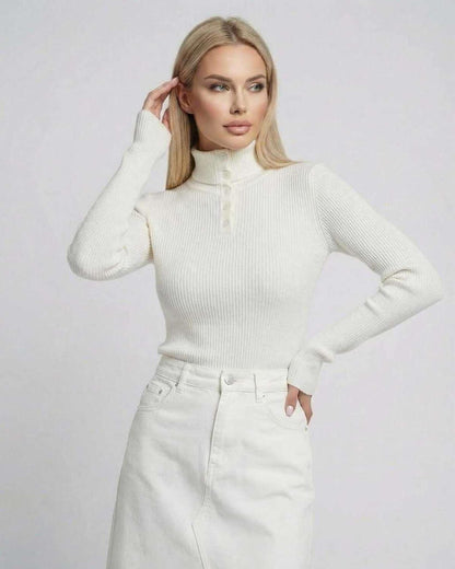Ivorya Long Sleeve by Lauven - Women’s white ribbed knit long sleeve shirt with button collar.