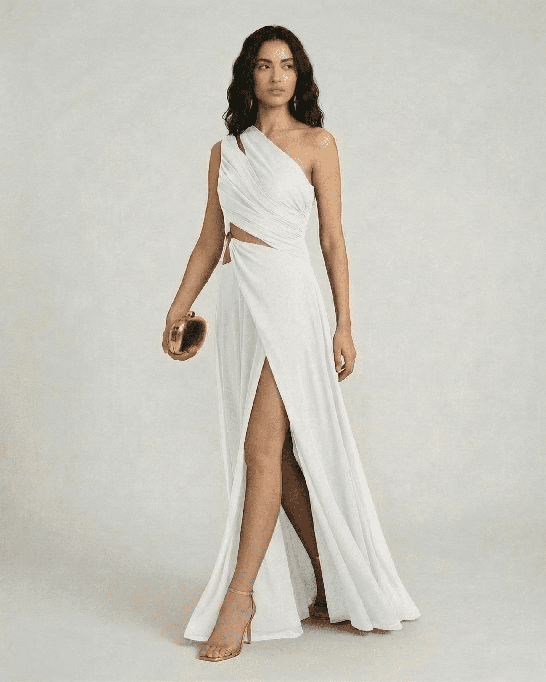 Ivorya Maxi Dress by Lauven - Elegant one-shoulder white maxi dress with high waist and side slit.
